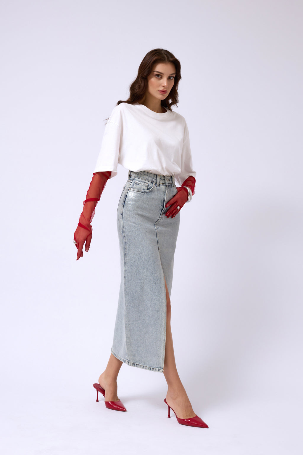 Foil Printed Slit Maxi Denim Skirt