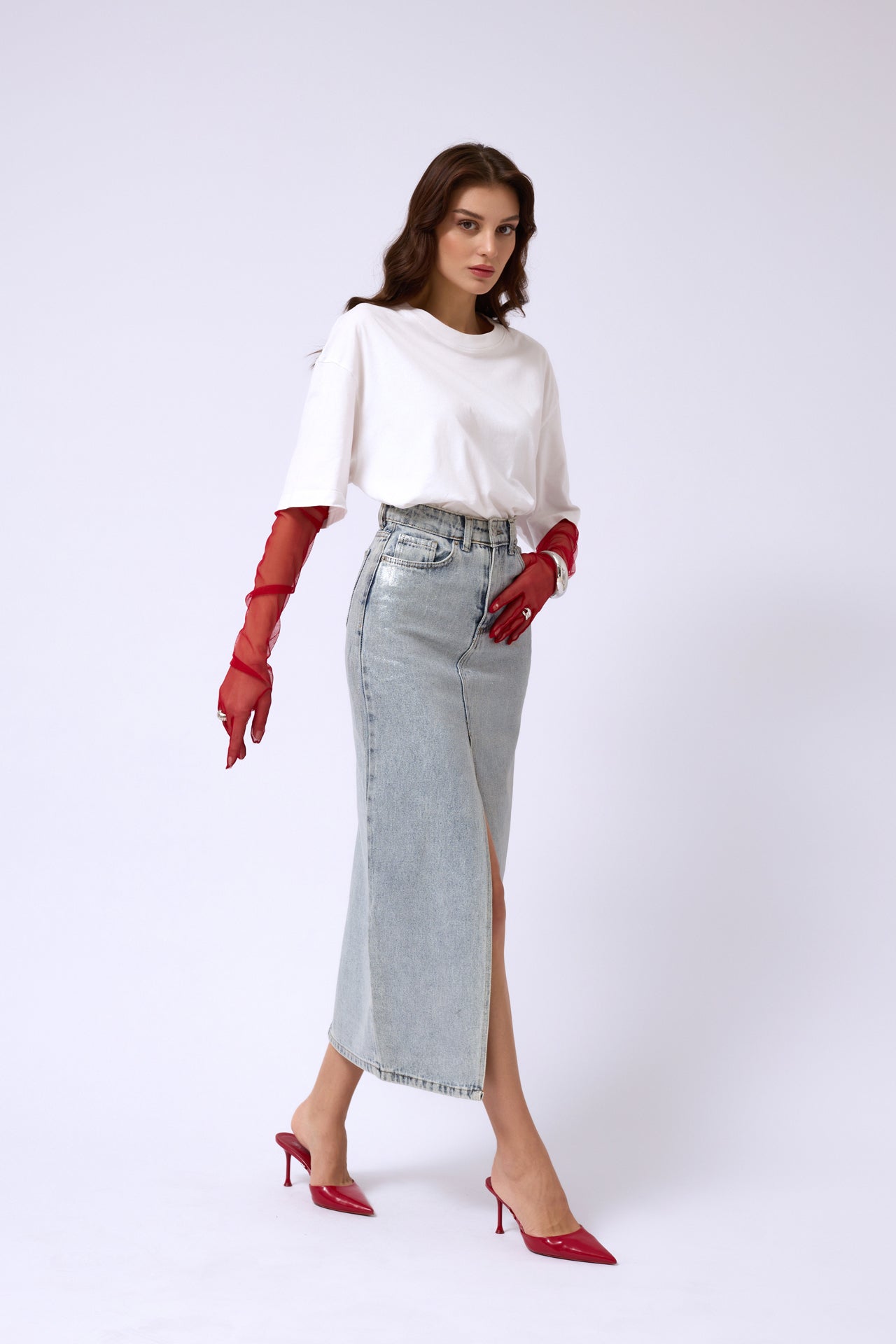 Foil Printed Slit Maxi Denim Skirt