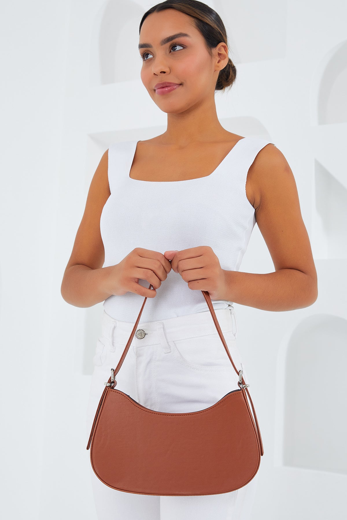 Women's Tan Plain Baguette Bag