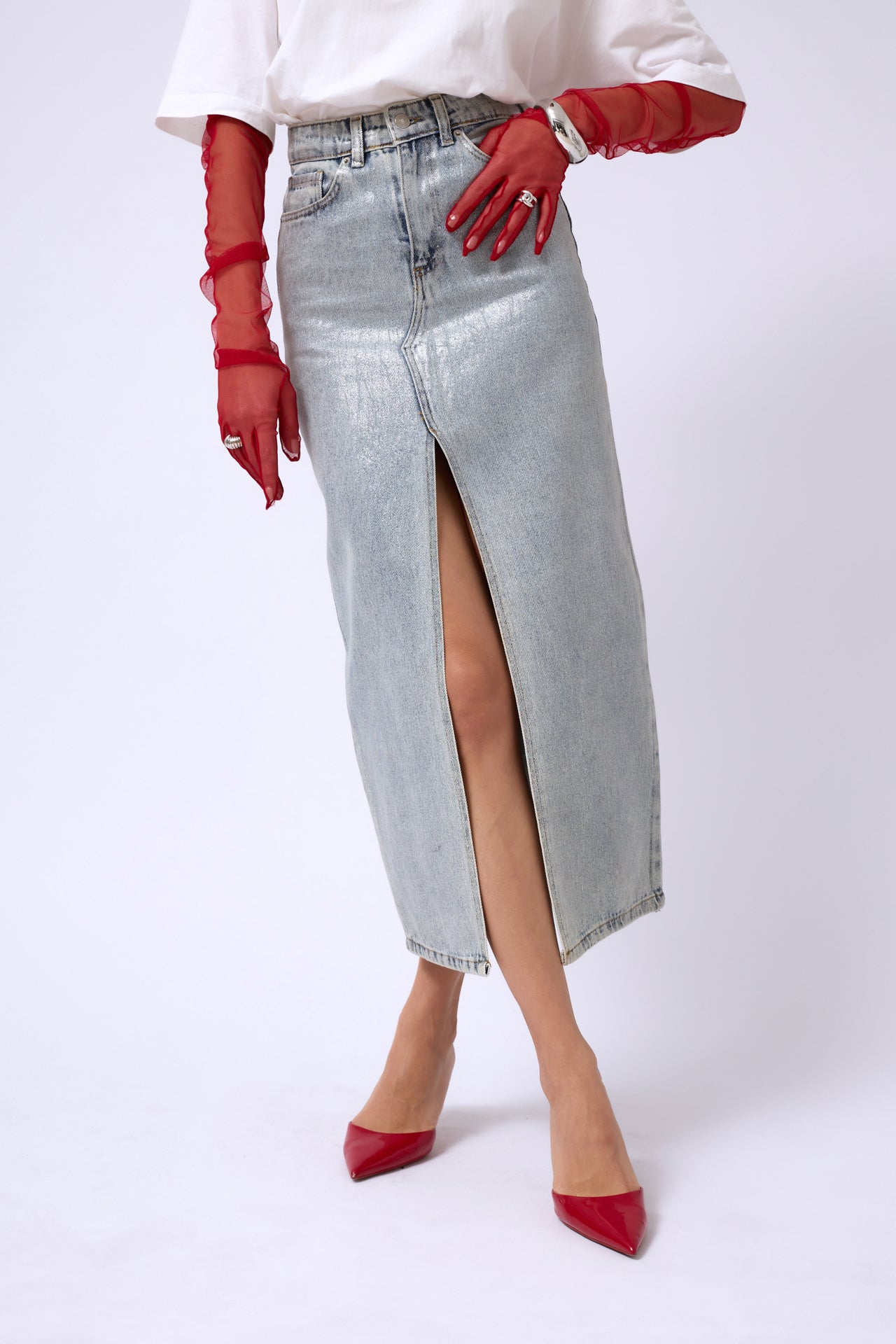 Foil Printed Slit Maxi Denim Skirt