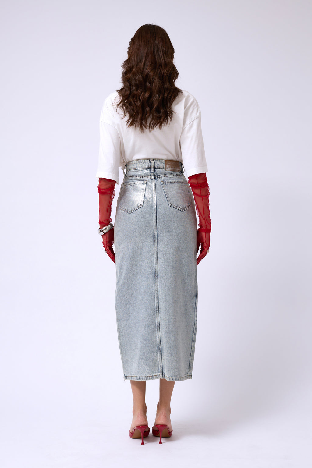 Foil Printed Slit Maxi Denim Skirt